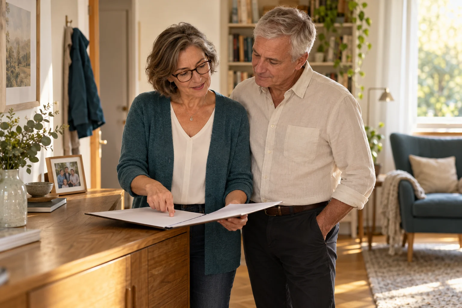 Ein Paar prüft in seinem Zuhause gemeinsam Unterlagen für seine weitere Finanzplanung.