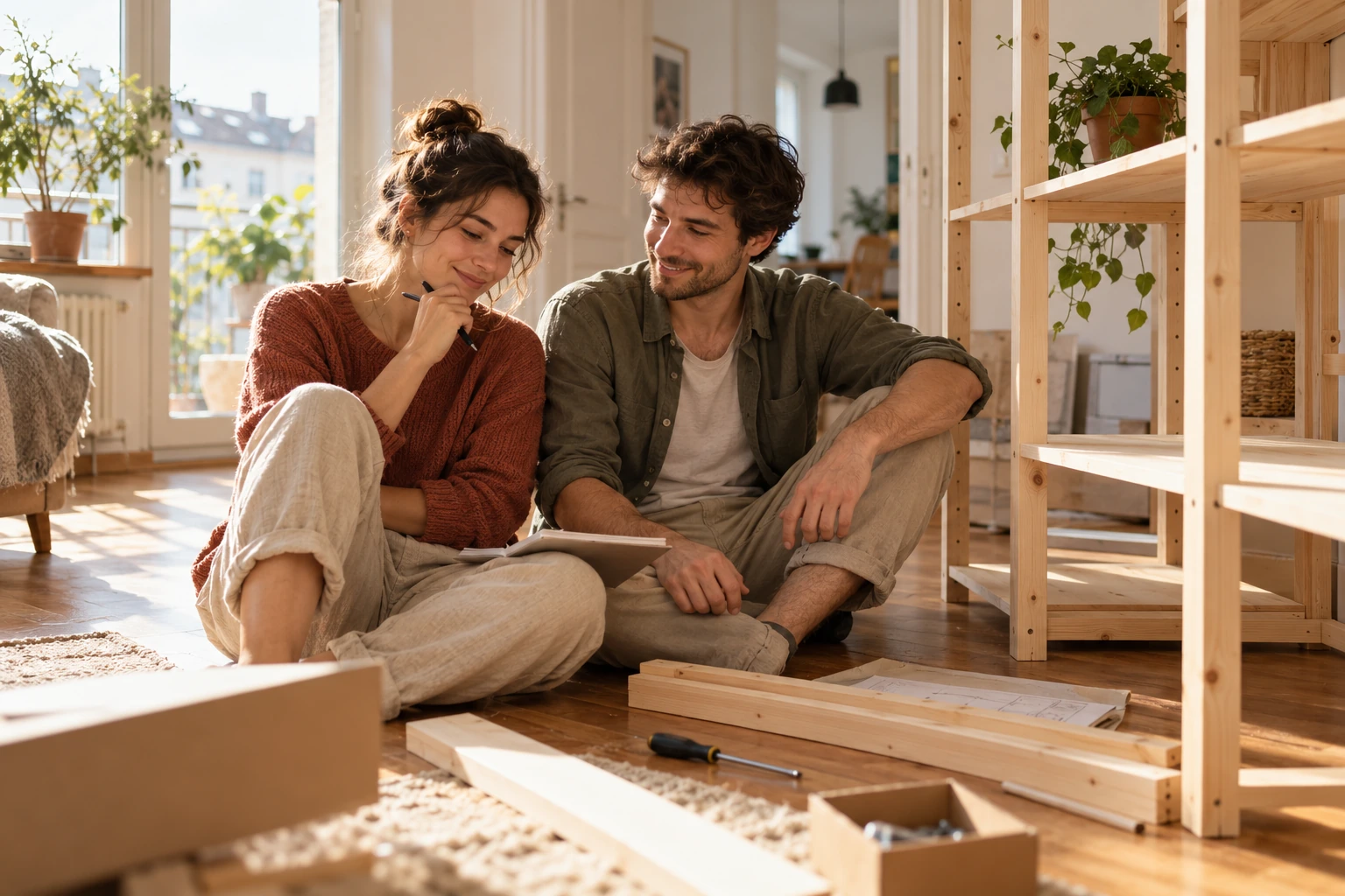 Ein junges Paar plant gemeinsam eine kleine Verbesserung seiner Wohnung neben einem Holzregal.