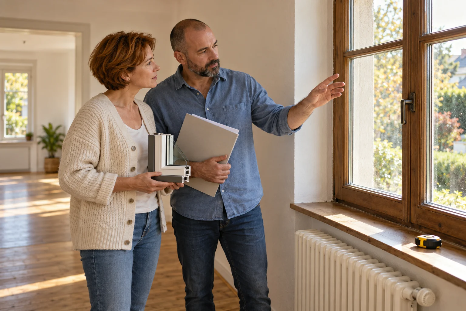 Ein Eigentümerpaar plant mit einem Fensterrahmenmuster die Modernisierung seines Hauses.