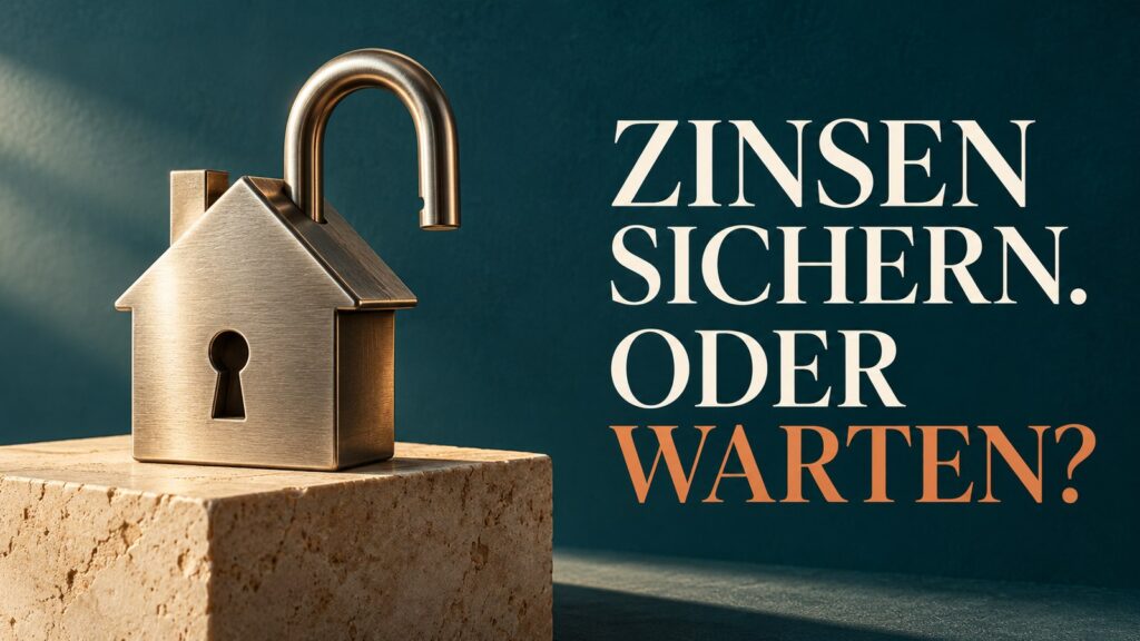 Geöffnetes Schloss in Hausform mit der Frage: Zinsen sichern. Oder warten?