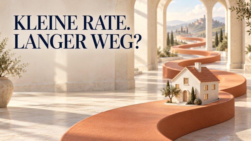 Baufinanzierung: Modellhaus auf einem langen Weg, mit der Frage Kleine Rate. Langer Weg?