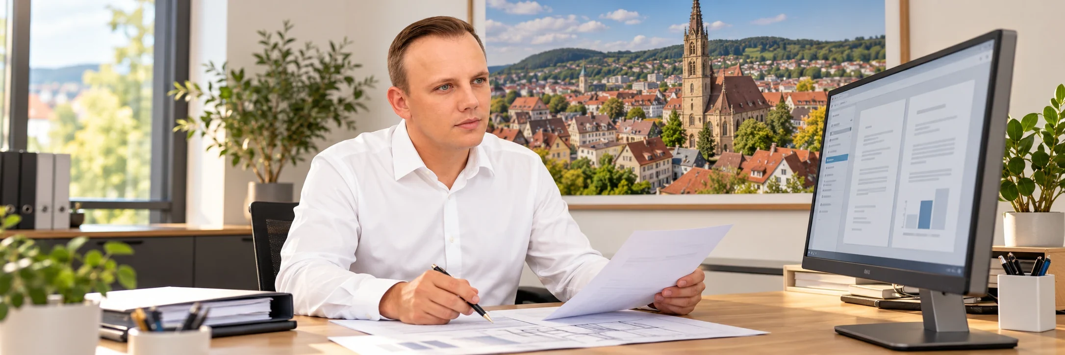 Markus Rataj pr&uuml;ft eine digital eingereichte berufliche Schadenmeldung &ndash; KI-gestaltete Szene