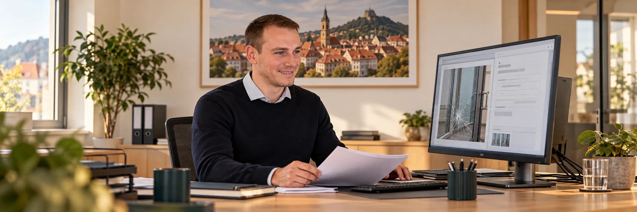 Christoph Bechtle bearbeitet eine digitale gewerbliche Schadenmeldung am Computer &ndash; KI-gestaltete Szene