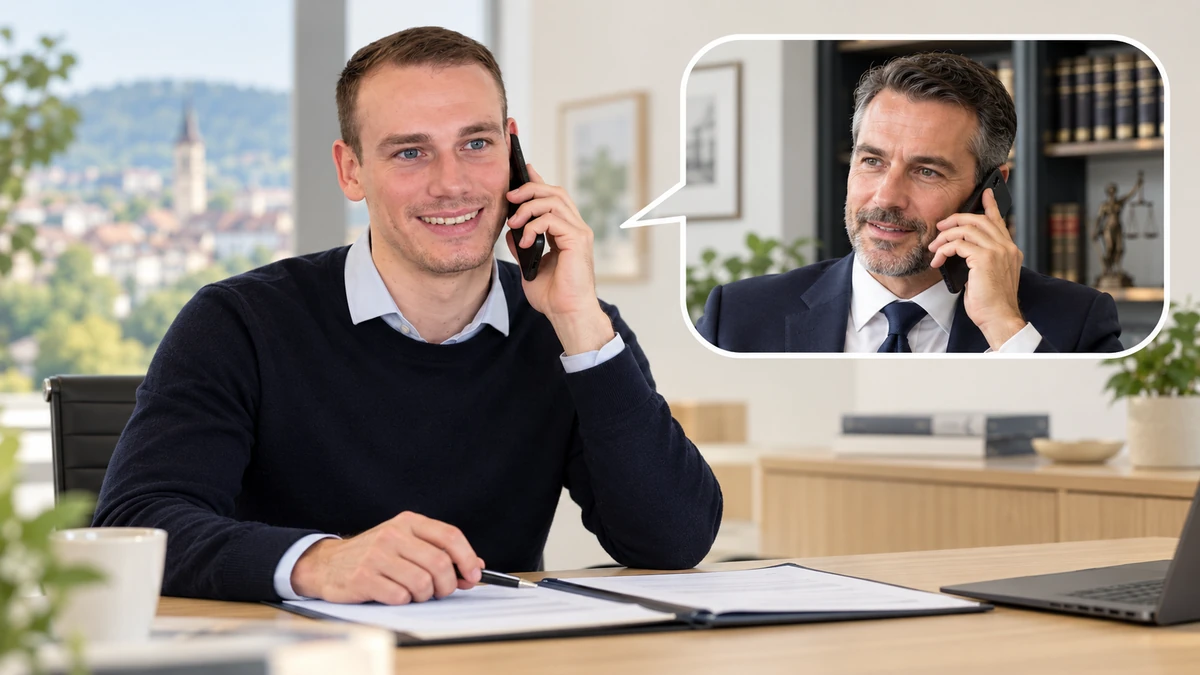 Christoph Bechtle telefoniert f&uuml;r einen Kunden mit einem Rechtsanwalt, der in einer Sprechblase sichtbar ist &ndash; KI-gestaltete Szene