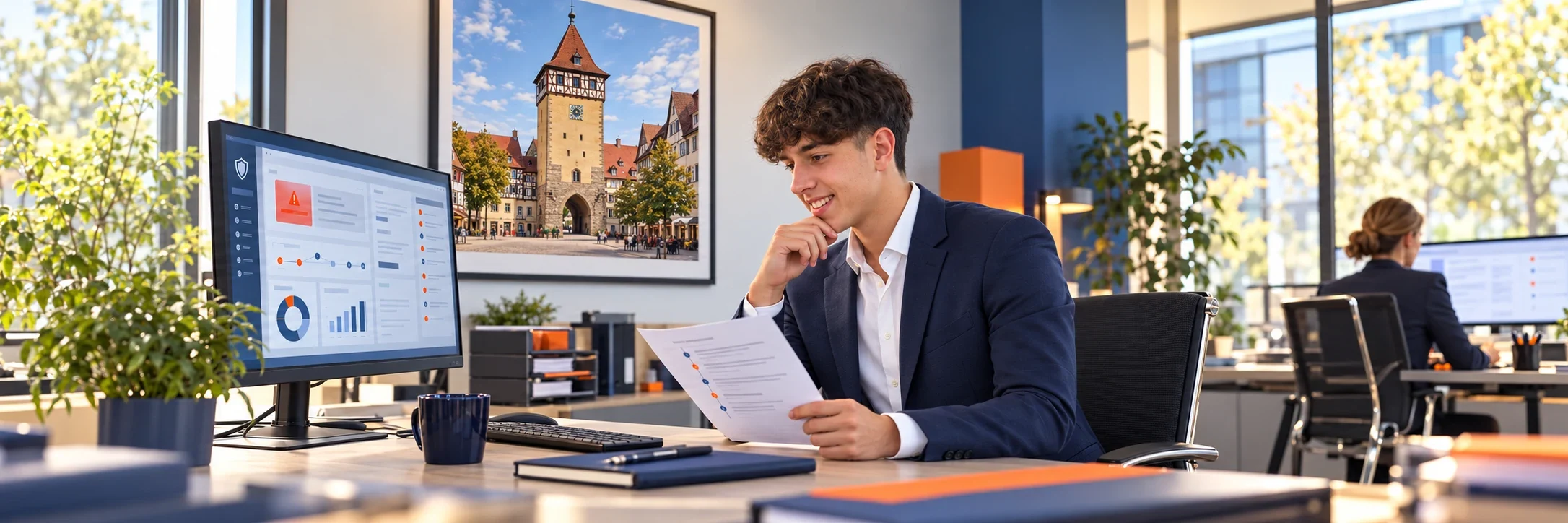 Benjamin Starcevic bearbeitet einen Cyber-Schaden im B&uuml;ro mit dem T&uuml;binger Tor als Wandmotiv &ndash; KI-Szene