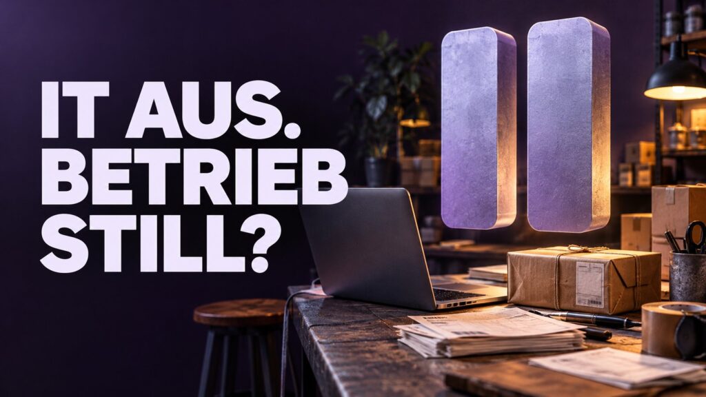 Cyberversicherung und Betriebsunterbrechung: Arbeitsplatz mit Laptop und Paketen unter einem großen Pausenzeichen; Bildtext IT aus. Betrieb still?