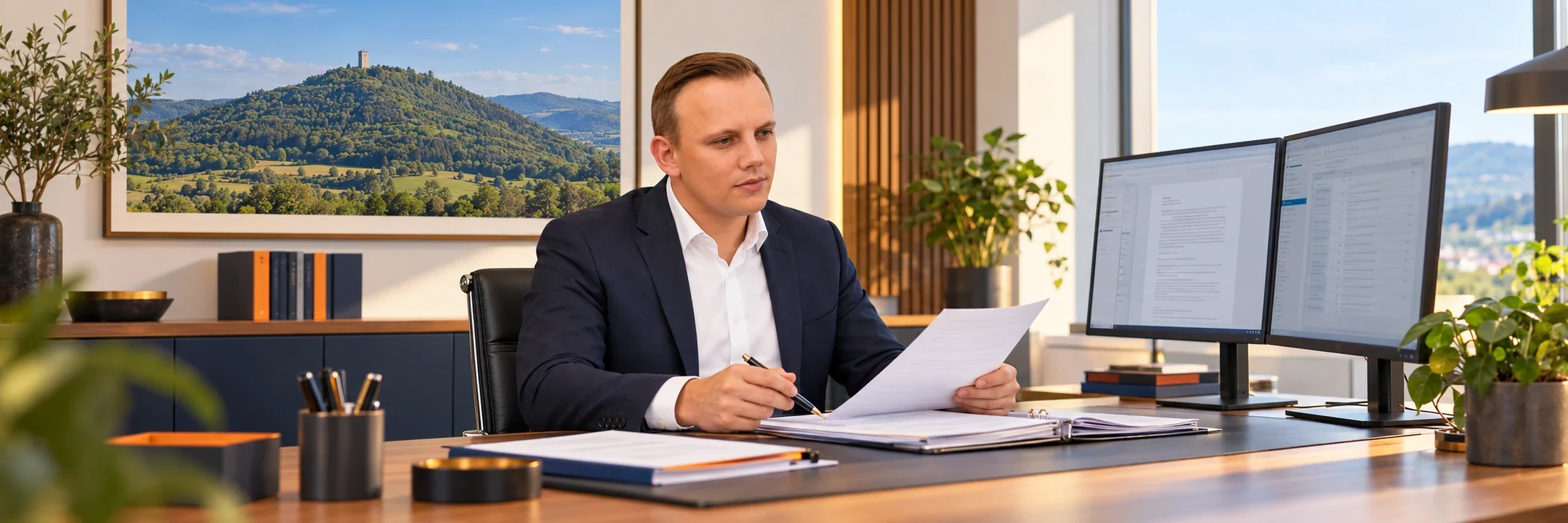 Markus Rataj bearbeitet einen D&O-Vorgang; Reutlinger Motiv im B&uuml;ro &ndash; KI-Szene