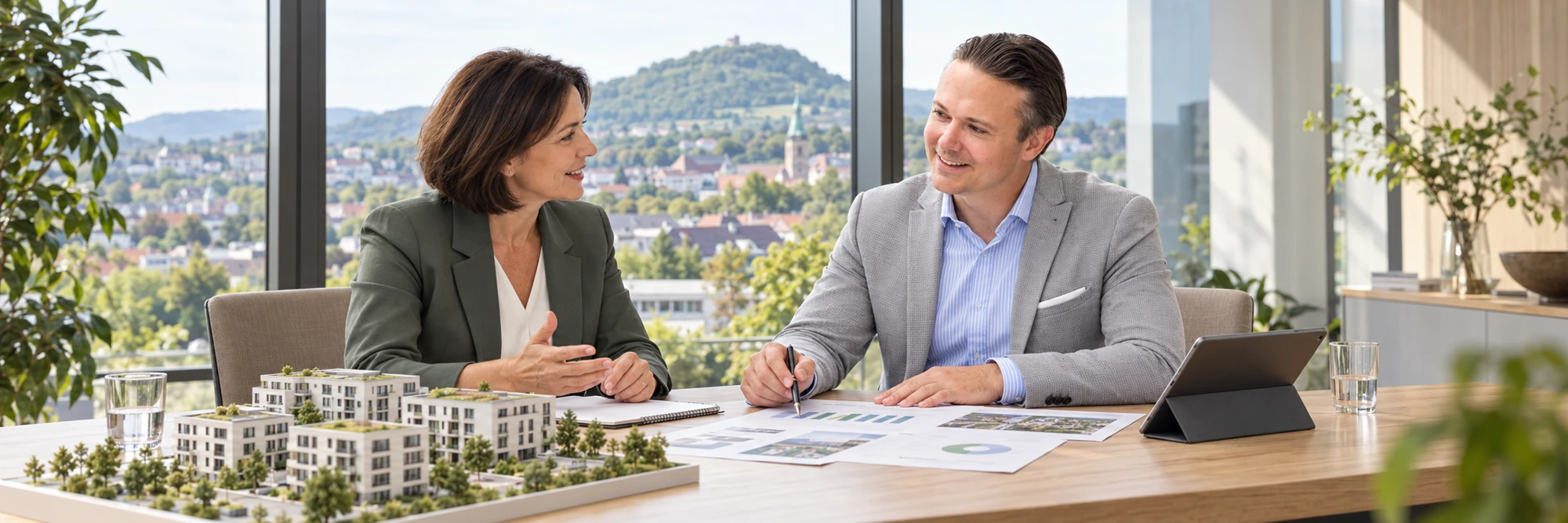 Paul Sendler bespricht die Energieversorgung eines Immobilienbestands mit einer Hausverwalterin &ndash; illustrative Beratungsszene mit Blick Richtung Achalm.