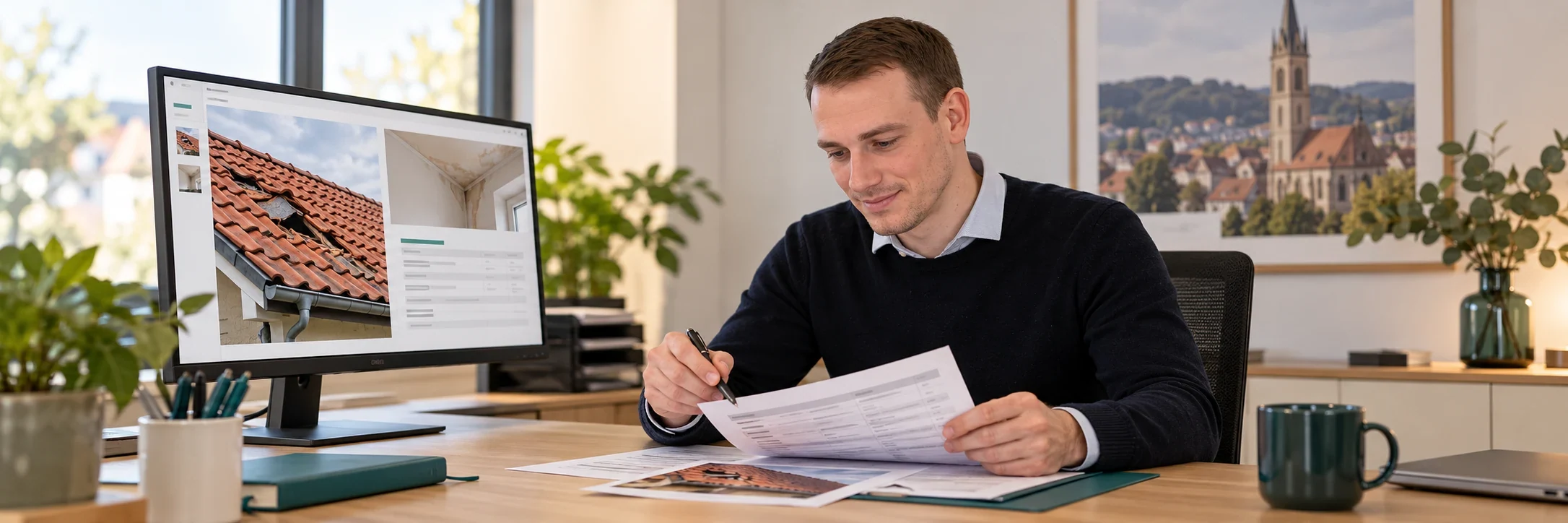 KI-Szene: Christoph Bechtle pr&uuml;ft im B&uuml;ro Schadenfotos am Computer und einen Kostenvoranschlag nach einem Sturmschaden am Haus