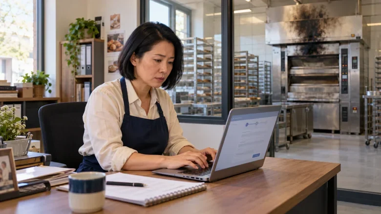 B&auml;ckereiinhaberin mit schwarzem Bob meldet den Brandschaden digital am Laptop; der verru&szlig;te Backofen steht still &ndash; KI-Beispiel