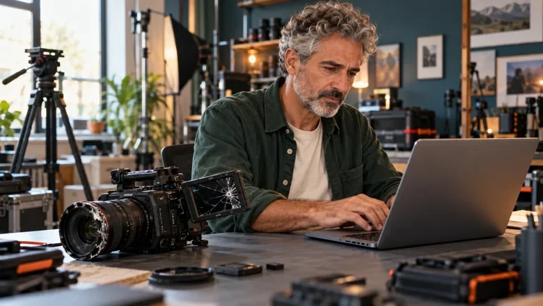 Videograf mit grauen Locken meldet den Schaden an seiner Filmkamera digital am funktionierenden Laptop &ndash; KI-Fallbeispiel