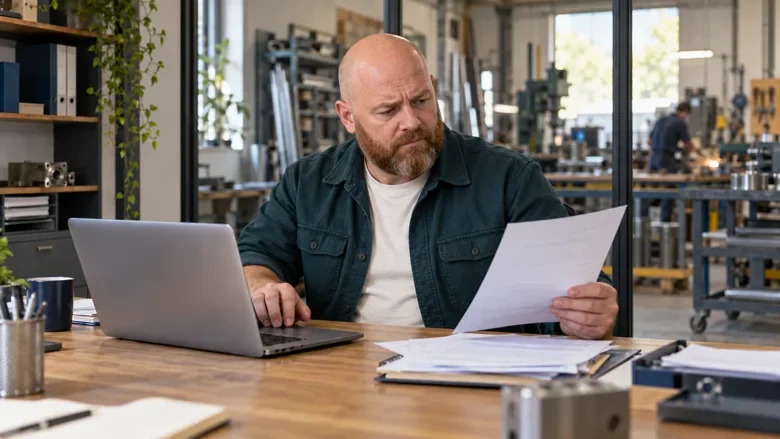 Inhaber eines Handwerksbetriebs mit Glatze und Vollbart meldet einen Streit um seine Gesch&auml;ftsr&auml;ume digital am Laptop &ndash; KI-Beispiel