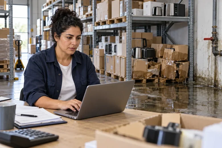 Eine Gro&szlig;h&auml;ndlerin mit dunklen Locken meldet einen Leitungswasserschaden an Waren im Lager digital am Laptop &ndash; KI-Beispiel