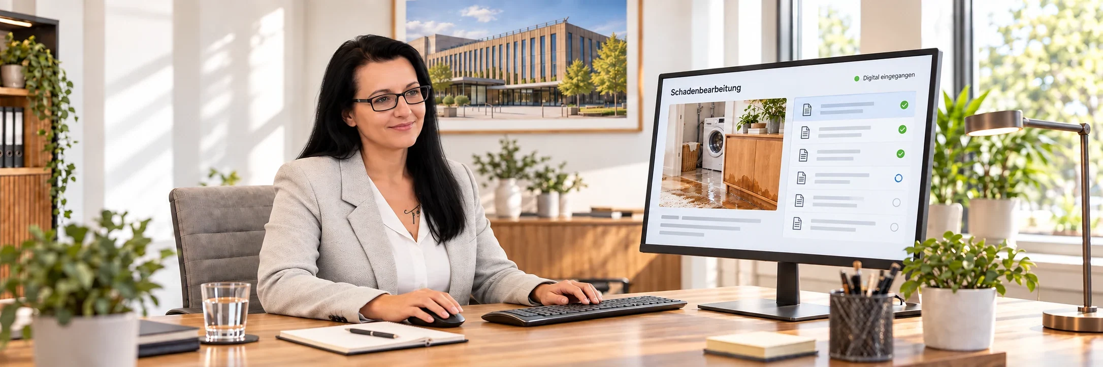 KI-Szene: Sarah Kuhn bearbeitet eine digital eingegangene Hausrat-Schadenmeldung am Computer