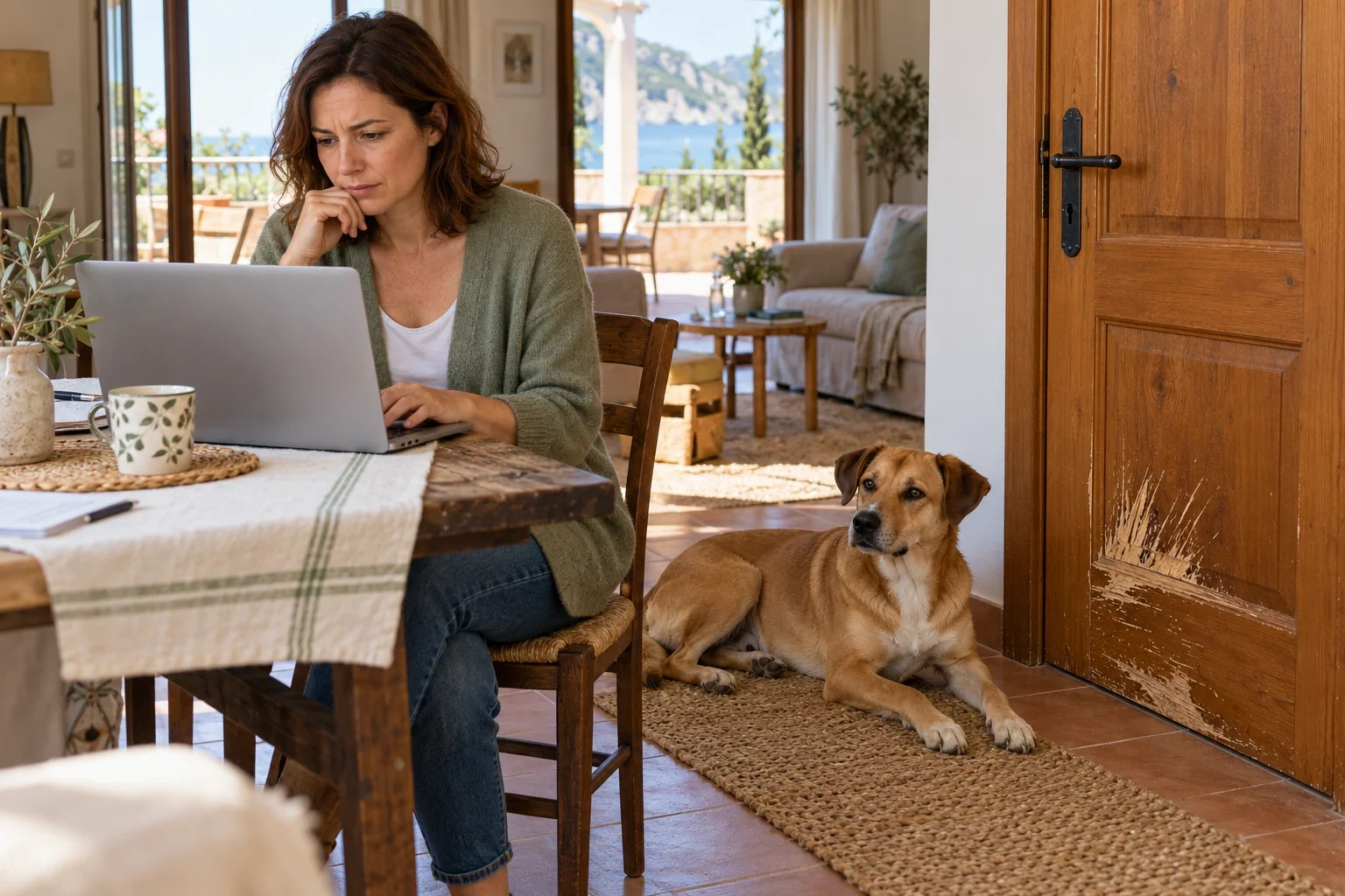 Hundehalterin meldet am Laptop die vom Hund zerkratzte T&uuml;r einer gemieteten Ferienwohnung &ndash; KI-Beispiel