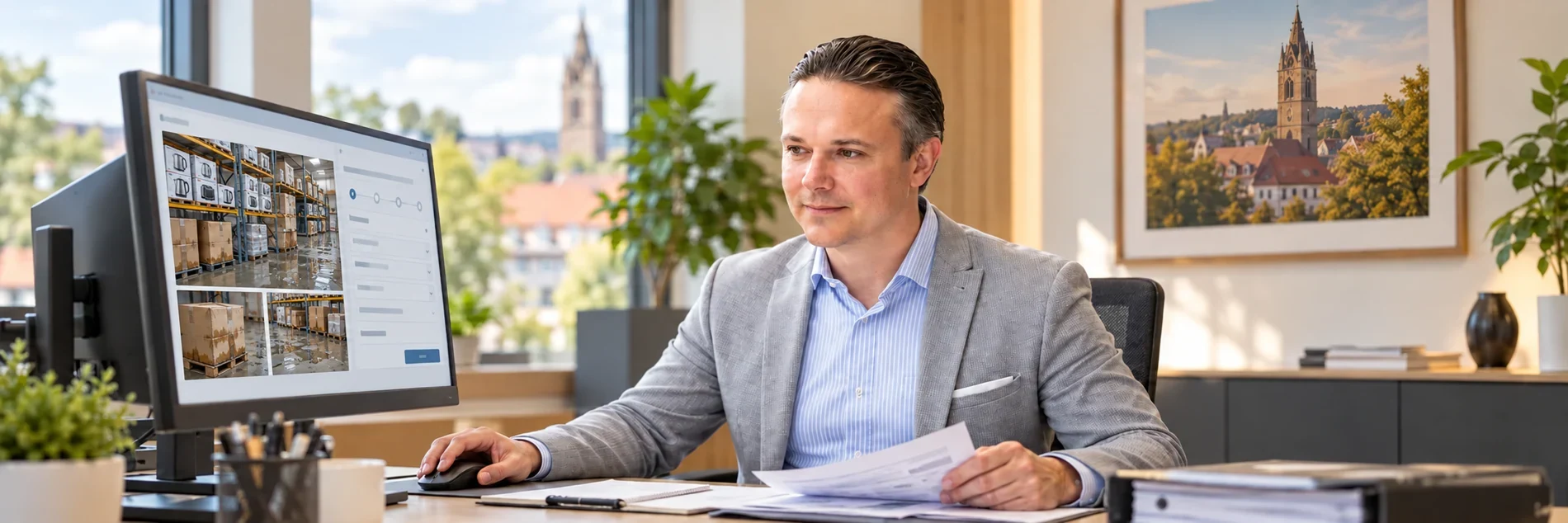 Paul-Jakob Sendler bearbeitet eine digitale Inhalts-Schadenmeldung im B&uuml;ro mit Reutlinger Motiv &ndash; KI-Szene