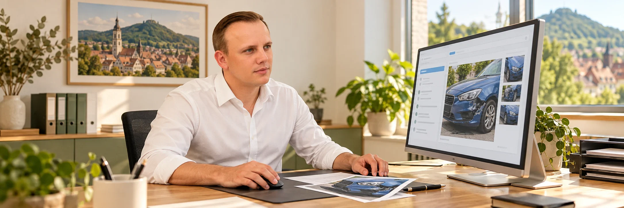 KI-Szene: Markus Rataj bearbeitet im albfinanz-B&uuml;ro einen digital eingereichten Kfz-Schaden