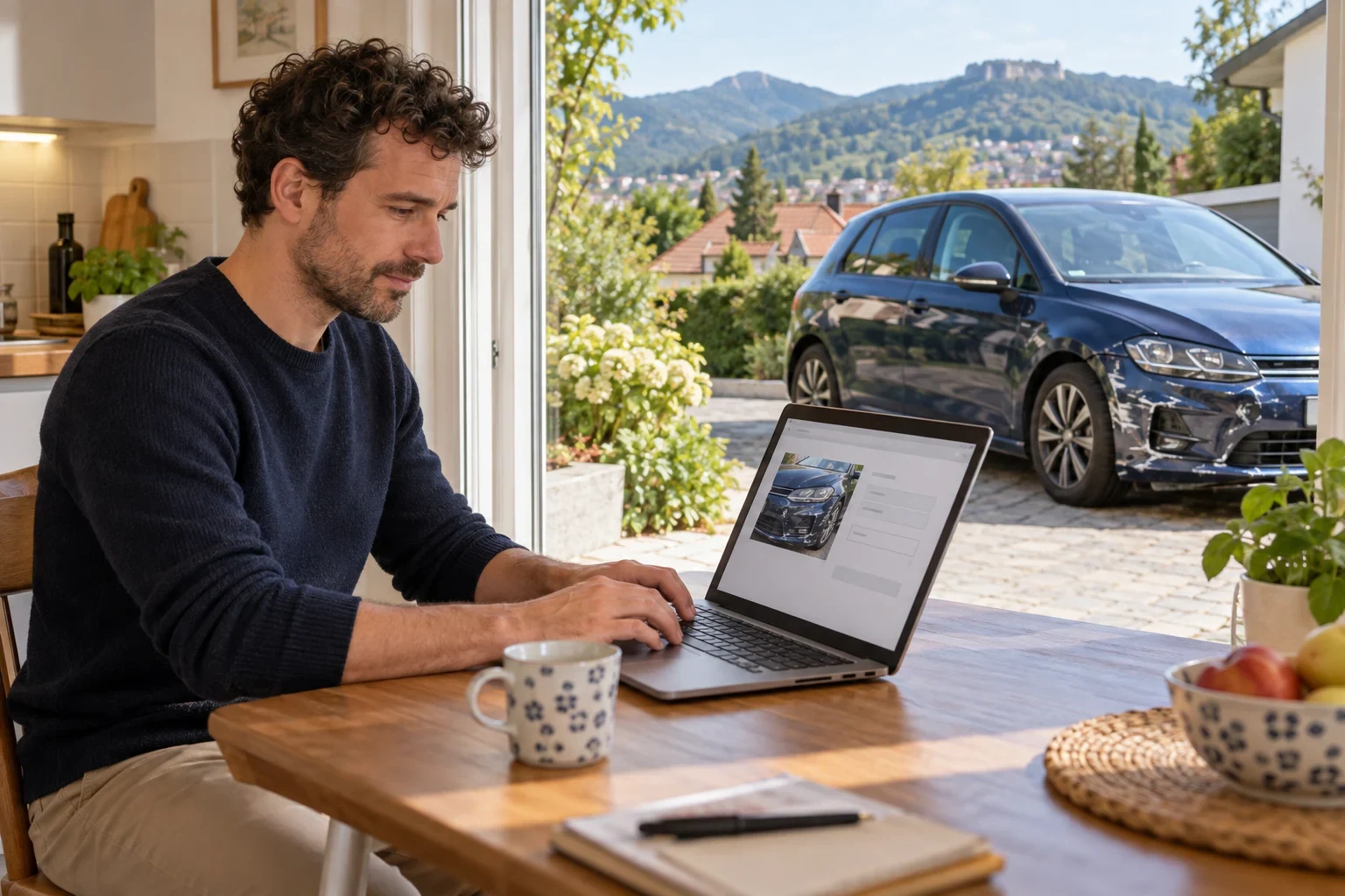 KI-Beispiel: Autofahrer meldet einen bereits gesicherten Unfallschaden digital am Laptop; sein besch&auml;digtes Auto steht auf der Einfahrt