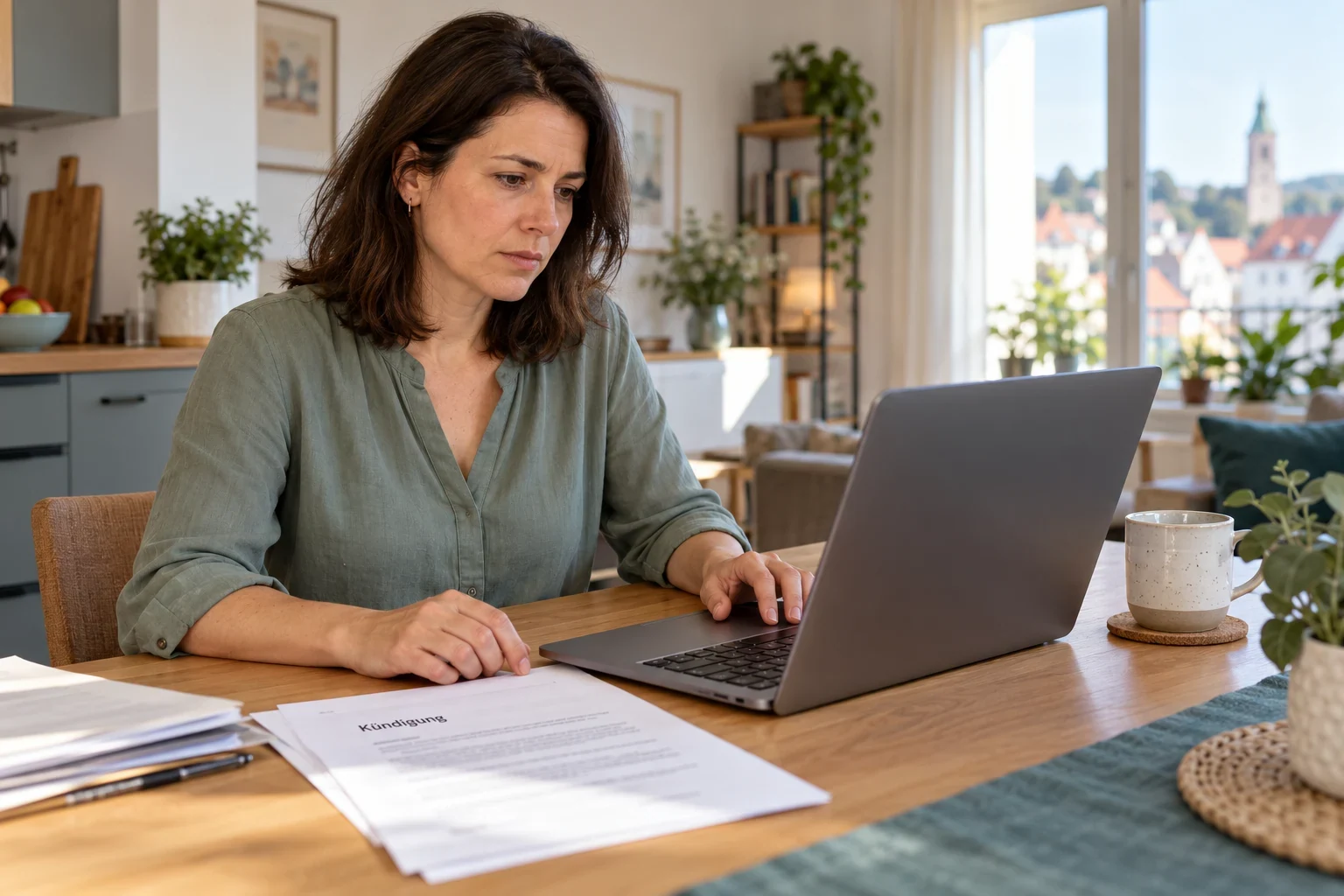 KI-Beispiel: Arbeitnehmerin reicht nach einer K&uuml;ndigung ihre Unterlagen digital am Laptop ein