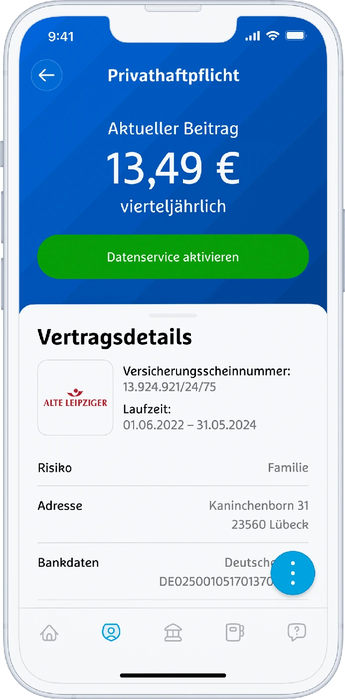 simplr-Beispielansicht mit Beitrag und Details einer Versicherung