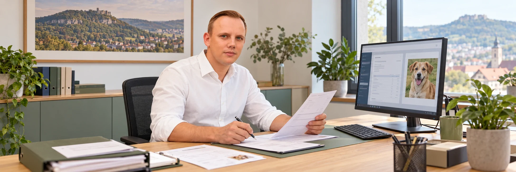 Markus Rataj pr&uuml;ft im B&uuml;ro eine Tierarztrechnung und die Versicherungsunterlagen &ndash; KI-gestaltete Szene