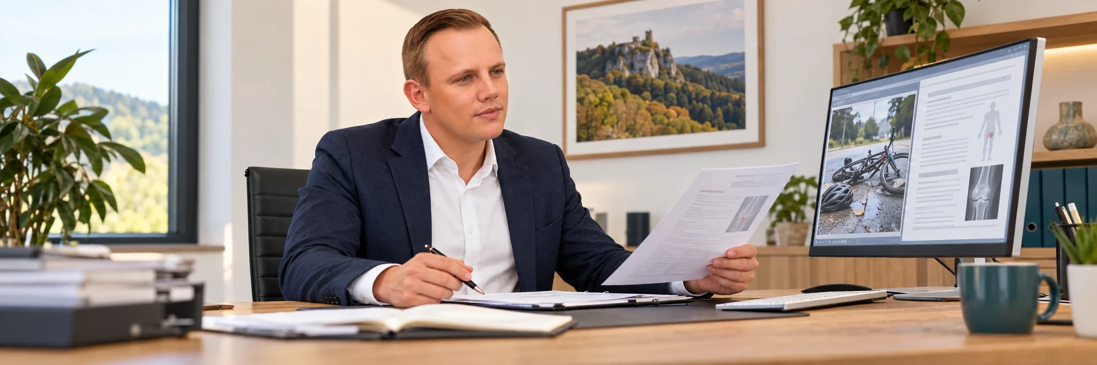 Markus Rataj pr&uuml;ft am Computer einen digital gemeldeten Unfall &ndash; KI-gestaltete Szene