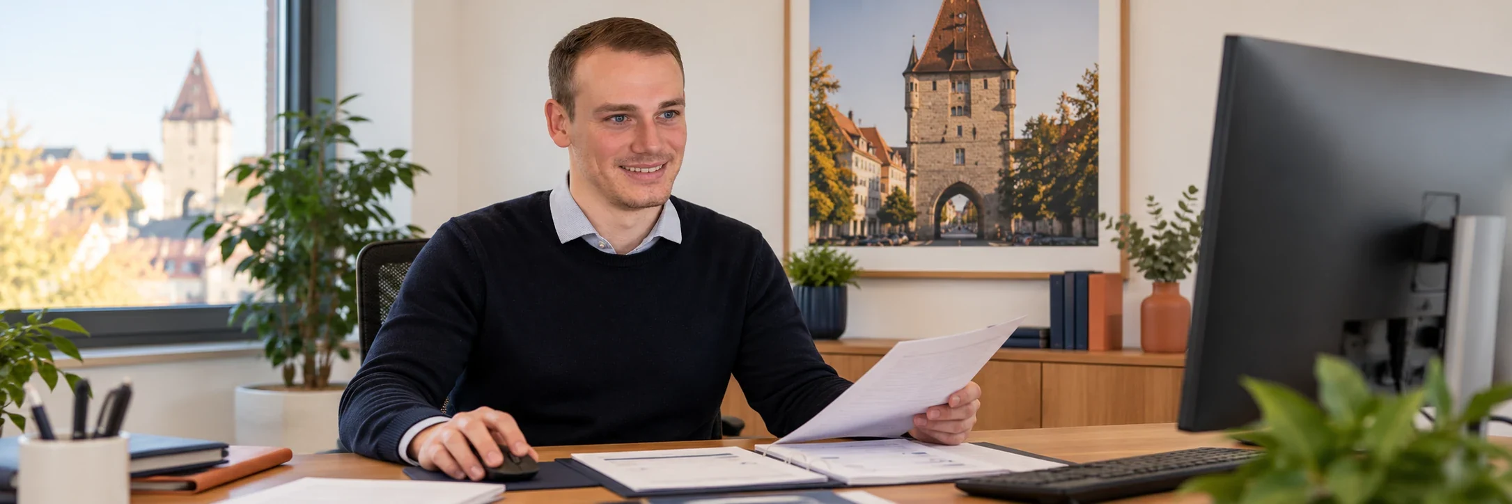 Christoph Bechtle bearbeitet eine digitale Verm&ouml;gensschadenmeldung; Reutlinger Motiv im Hintergrund &ndash; KI-gestaltete Szene